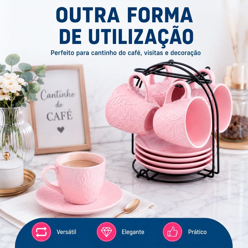 Jogo 4 Xícaras Relevo 200ml Com Pires E Suporte Decorativo - DOLCE